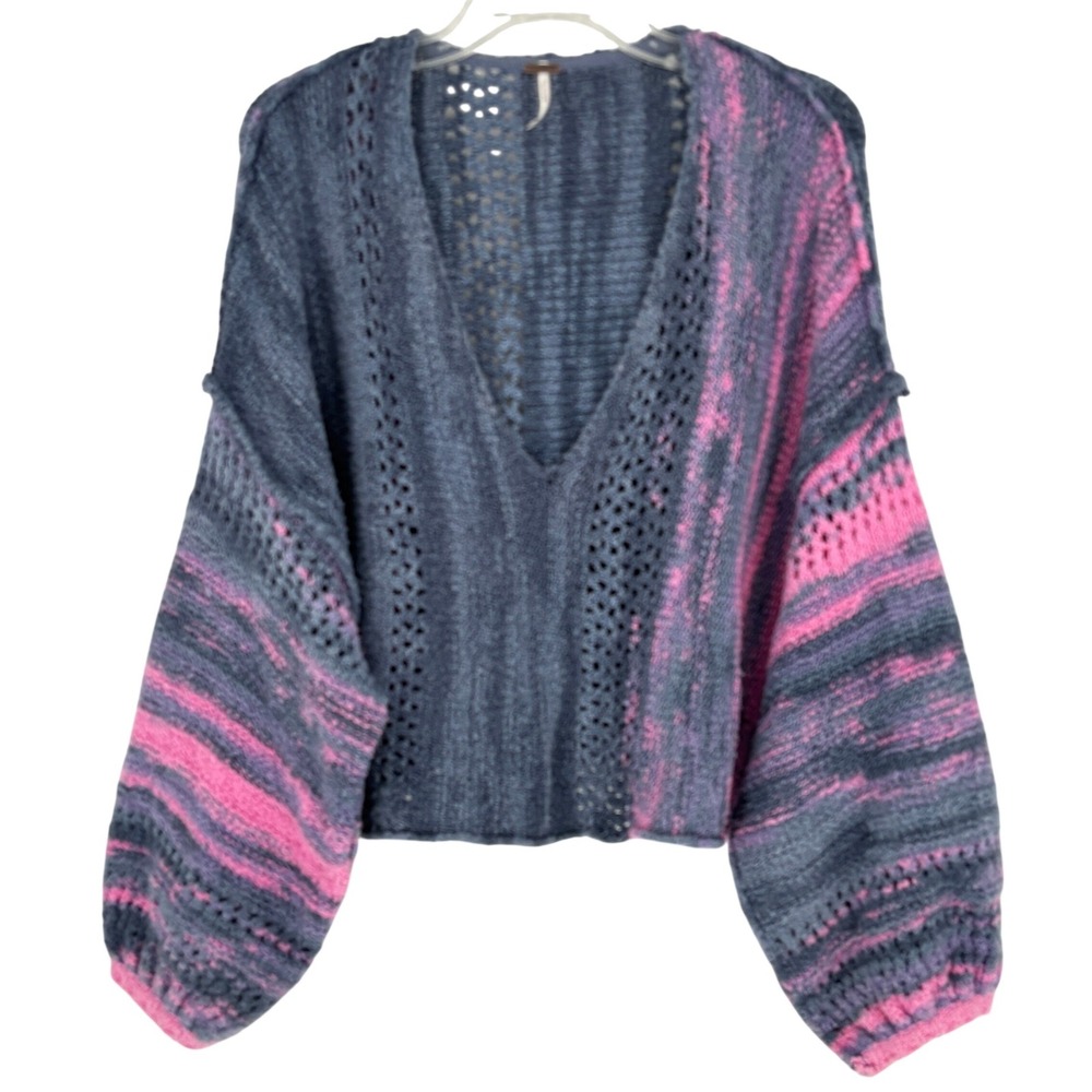 Free People Oversized Striped Open Knit V Neck Sweater Amethyst Cropped S